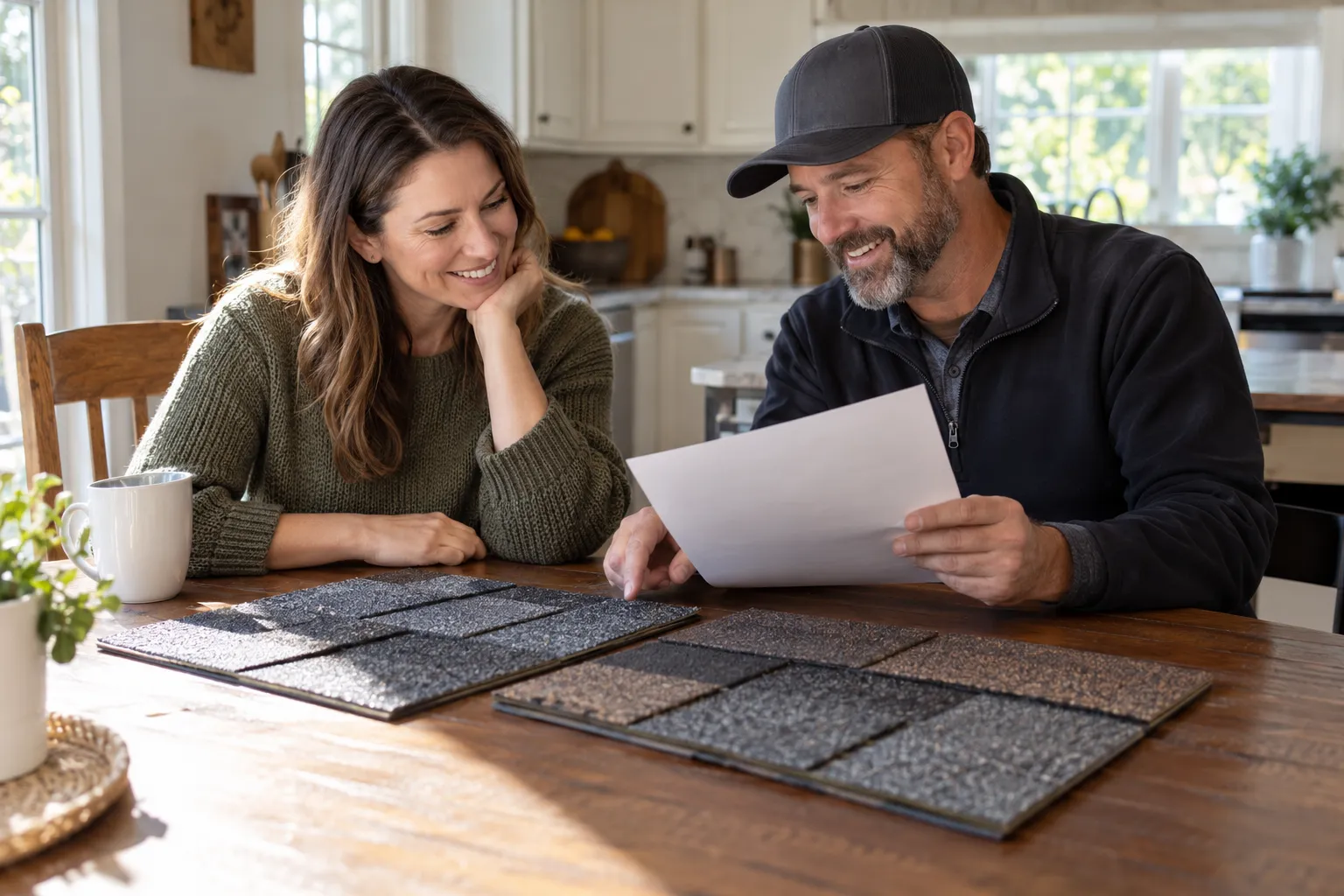 A homeowner reviewing a written roof quote with a local provider