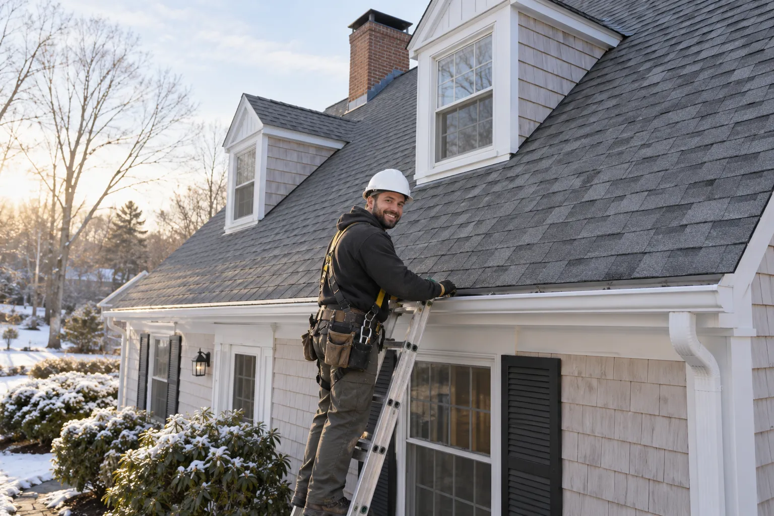 A newly shingled home roof in Taunton under a clear sky