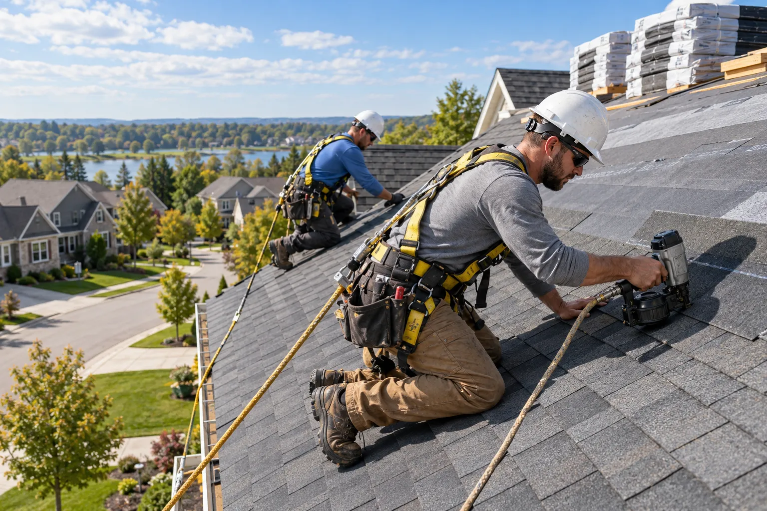 A roofing crew installing new shingles on a home in Taunton on a clear day